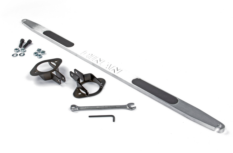 A top wide view of Dinan Shock Tower Brace for BMW with all its parts with a white background