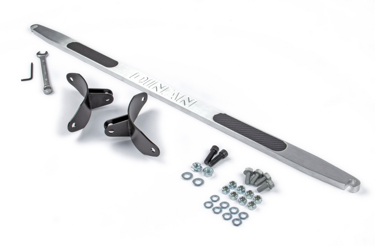 A top view of Dinan Shock Tower Brace for BMW 525i / 528i / 530i / 540i / M5 1996-2003 with all its screws with white background