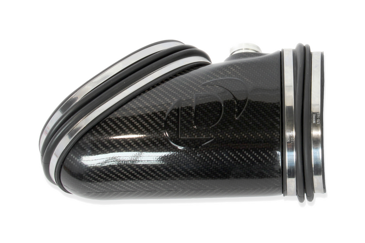 A top view of Dinan Carbon Fiber Intake Tube for BMW M3 2008-2013 with white background