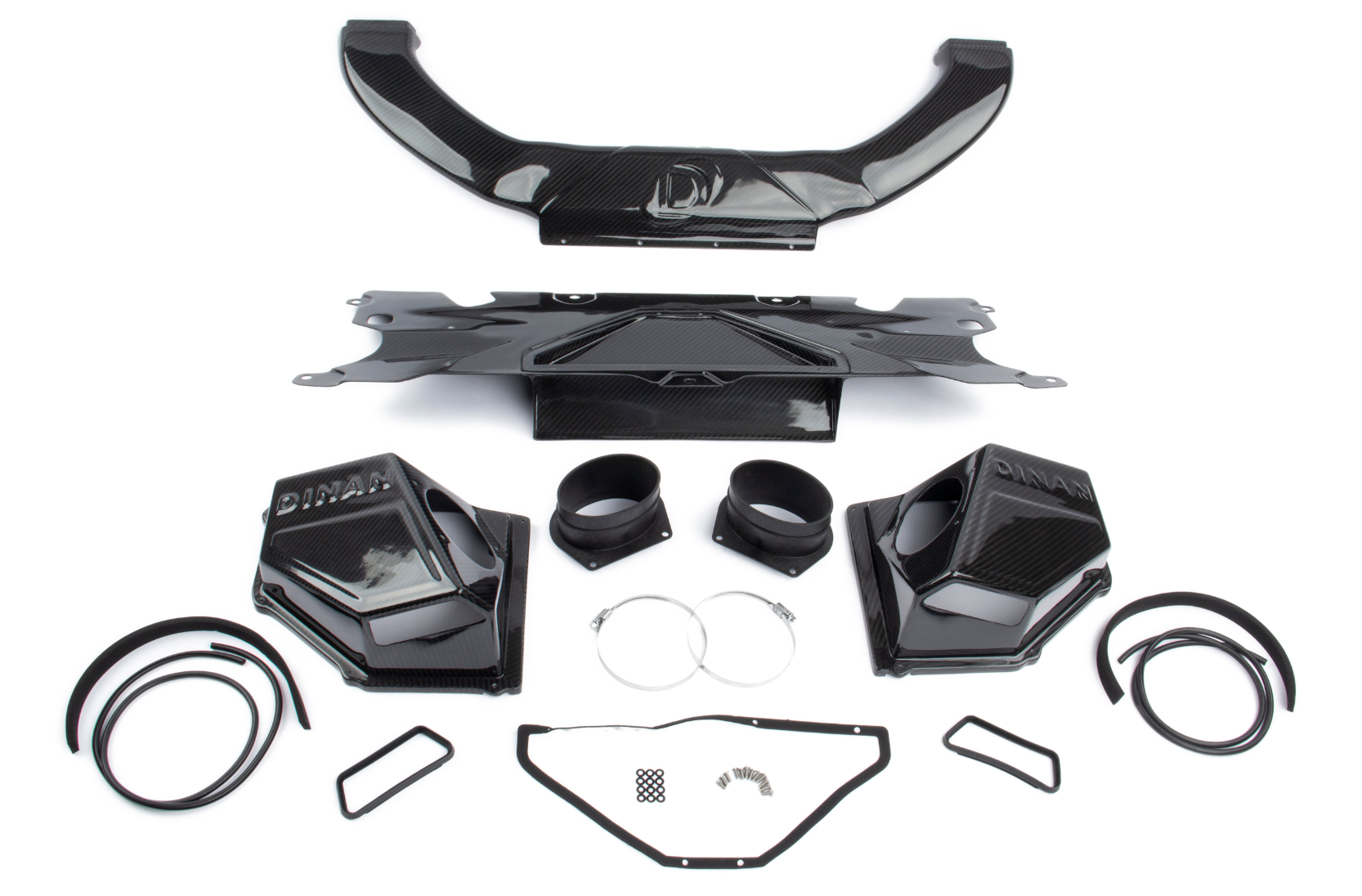 A top wide view of Dinan Cold Air Intake for BMW M5 2018-2023 with all its parts on a white background