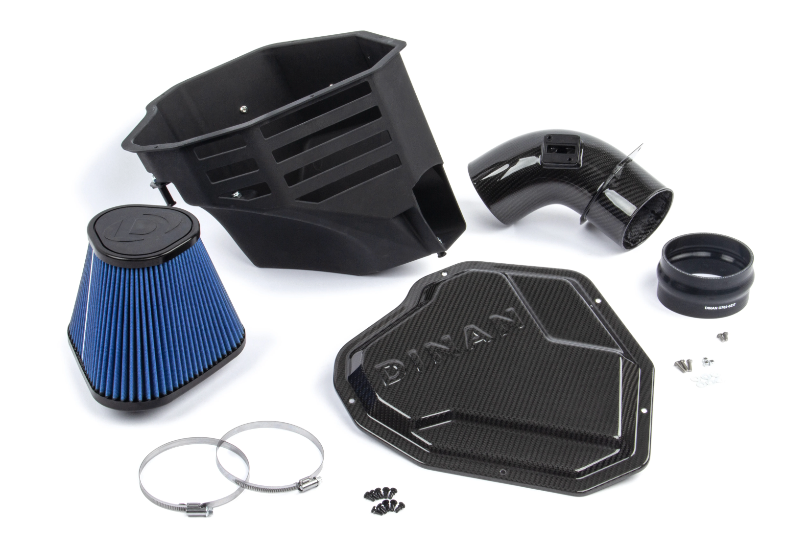 A top view of Dinan Cold Air Intake for BMW M240i / M340i 2020-2024 with all its parts on a white background