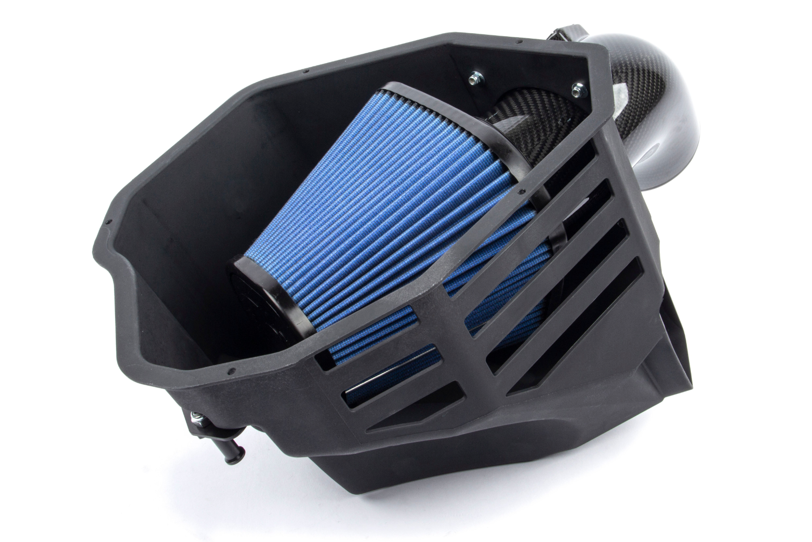 A back view of Dinan Cold Air Intake for BMW 230i / 330i / 430i 2019-2025 with its air filter on a white background