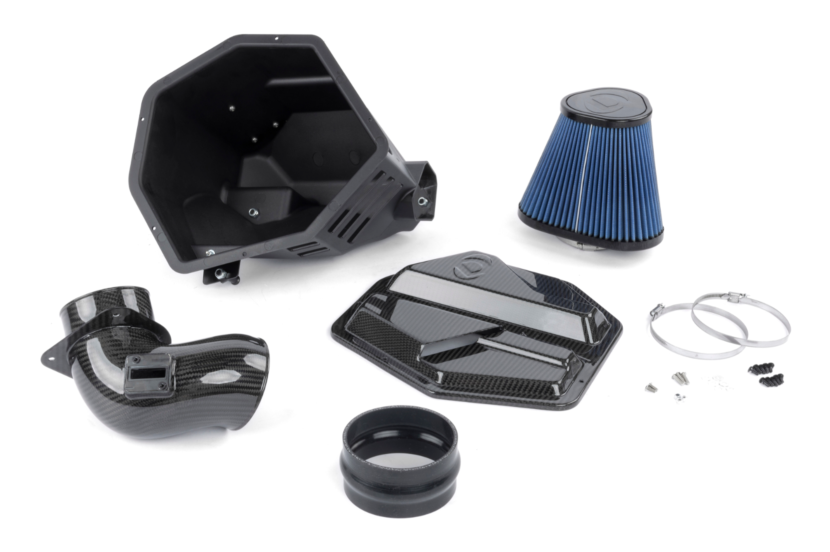 A top view of Dinan Cold Air Intake for BMW Z4 M40i / Toyota GR Supra 2020-2025 with all its parts on a white background