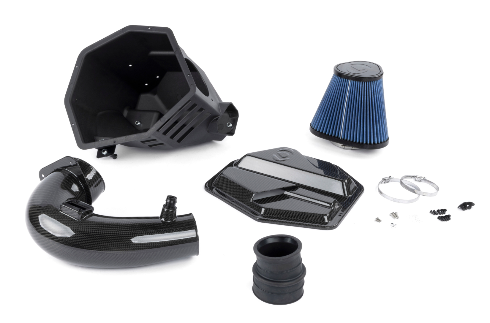 A top view of Dinan Cold Air Intake for BMW Z4 sDrive30i / Toyota GR Supra 2.0 2019-2024 with all its parts on a white background