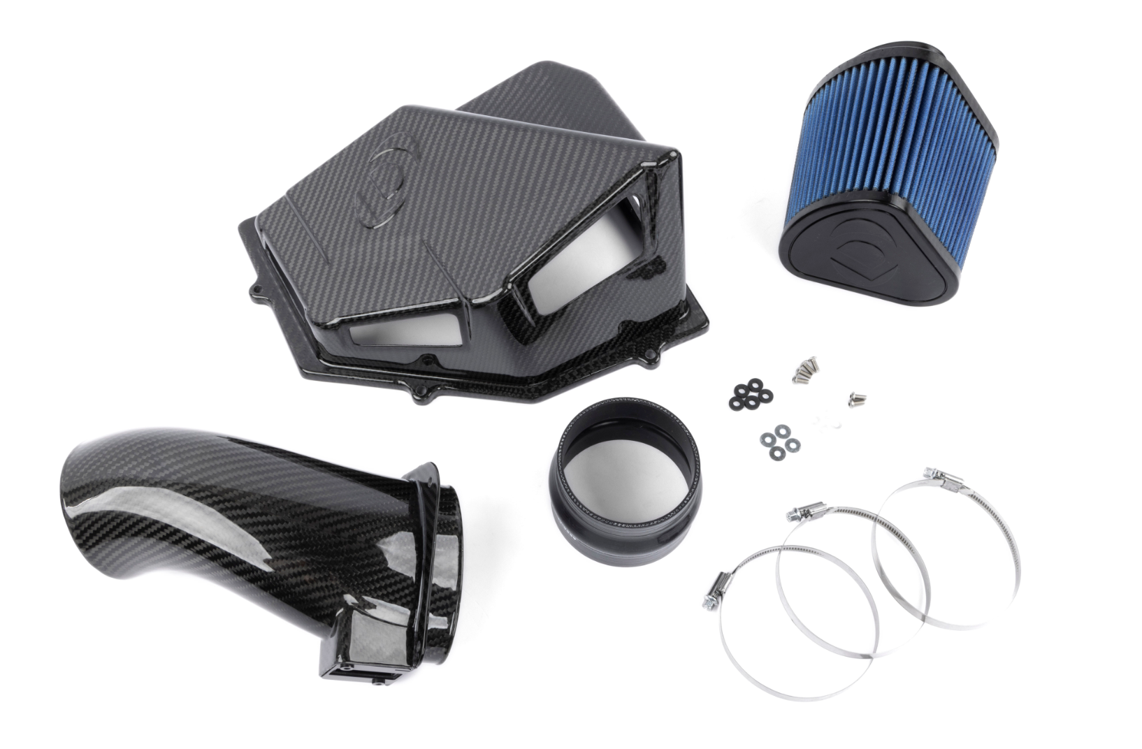 A top view of Dinan Cold Air Intake for BMW 540i / 740i / 840i / X5 40i / X6 40i / X7 40i 2016-2025 with all its parts on a white background