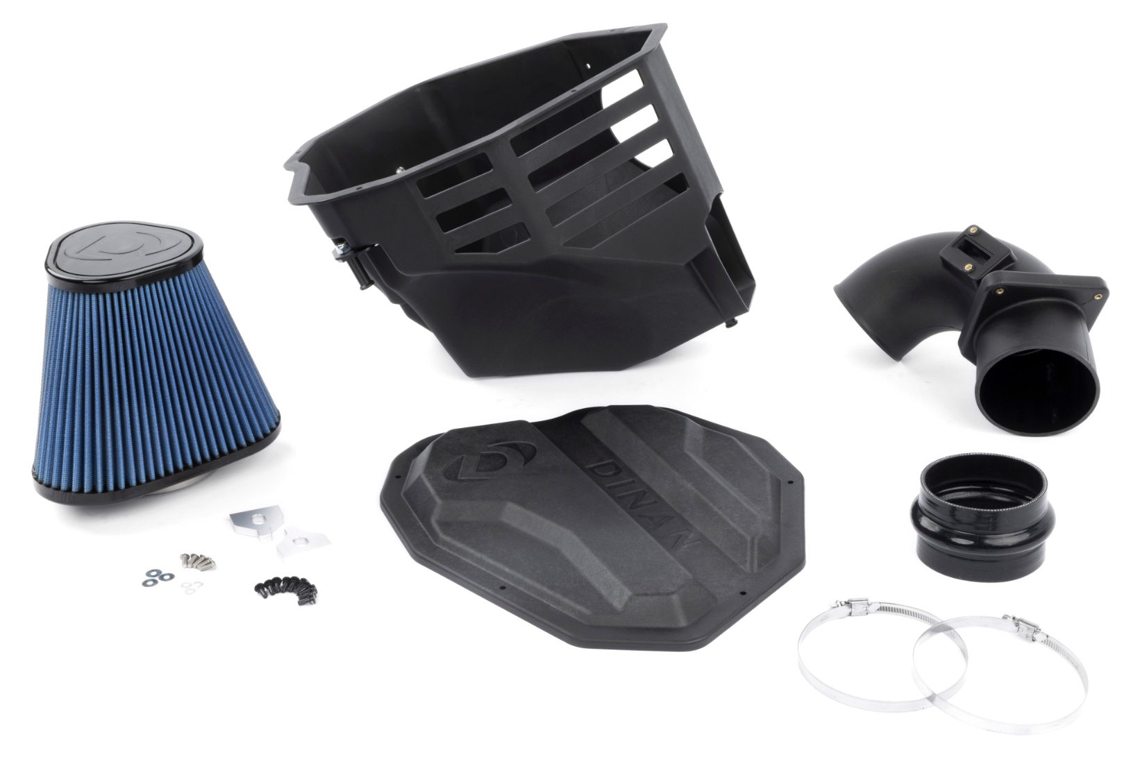 A top view of Dinan Cold Air Intake for BMW 230i / 330i / 430i 2019-2025 with  all its parts on a white background