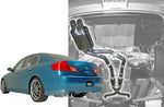 A view of Stillen Gen 2 Stainless Steel Cat-Back Exhaust System for Infiniti G35 2003-2006 fitted on a car from above with a blue car on top of that picture with white background