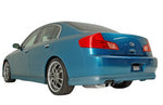 A back view of a blue car fitted with Stillen Gen 2 Stainless Steel Cat-Back Exhaust System for Infiniti G35 2003-2006 with white background