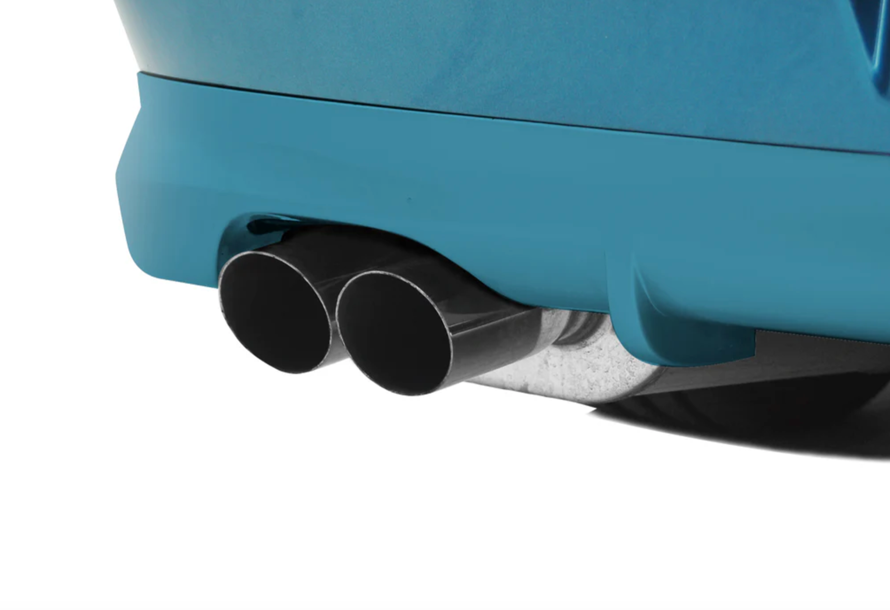 A black close up view of Stillen Gen 2 Stainless Steel Cat-Back Exhaust System for Infiniti G35 2003-2006 exhaust tips fitted on a car with white background