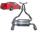 A top wide view of the exhaust in the middle of the picture and a small red car in the left corner of the picture fitted with Stillen Stainless Steel Cat-Back Exhaust System w/ Dual Wall Tips for Infiniti G35 Coupe 2003-2007 with a white background