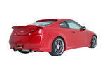 A back wide view of a red car fitted with Stillen Stainless Steel Cat-Back Exhaust System w/ Dual Wall Tips for Infiniti G35 Coupe 2003-2007 with a white background