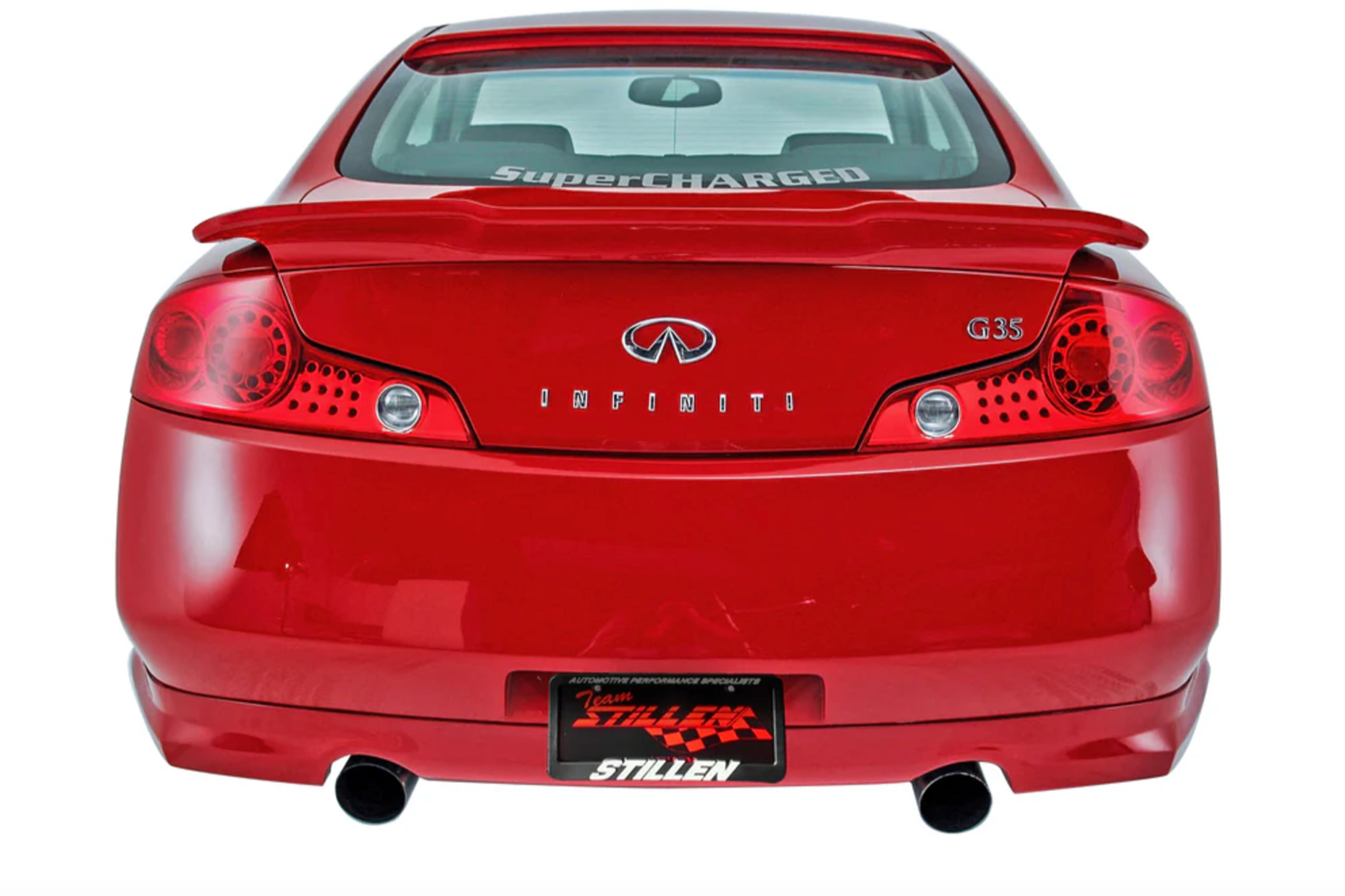 A back view of a red car fitted with Stillen Stainless Steel Cat-Back Exhaust System w/ Dual Wall Tips for Infiniti G35 Coupe 2003-2007 with a white background
