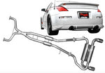 A top wide view of Stillen Stainless Steel Cat-Back Exhaust System w/ Dual Wall Tips Nissan 350Z (Z33) 2003-2009 with white background and the back view of a white car on the right top side of the image.