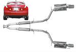 A top view of Stillen Stainless Steel Near Cat-Back Exhaust System for Infiniti M35 2006-2010 with a white background with a the back view of a red car on the top left corner of the image
