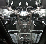 A back view of a lifted car fitted with Stillen Stainless Steel Near Cat-Back Exhaust System for Infiniti M35 2006-2010 with arrows showing the different parts of the exhaust