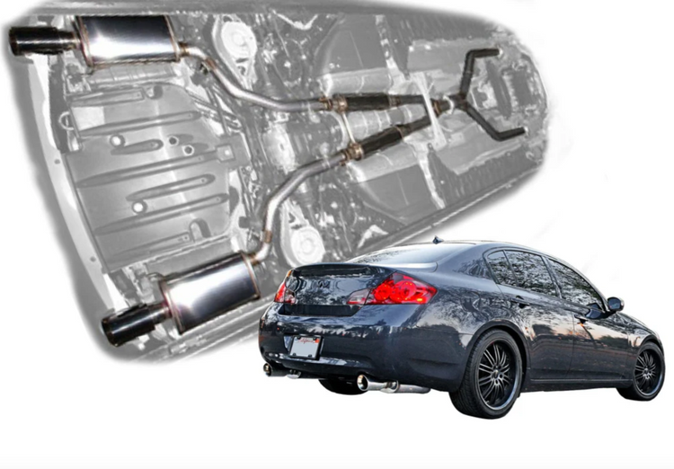 A back view of a car fitted with Stillen Stainless Steel Cat-Back Exhaust System for Infiniti G35 Sedan 2007-2008 with white background
