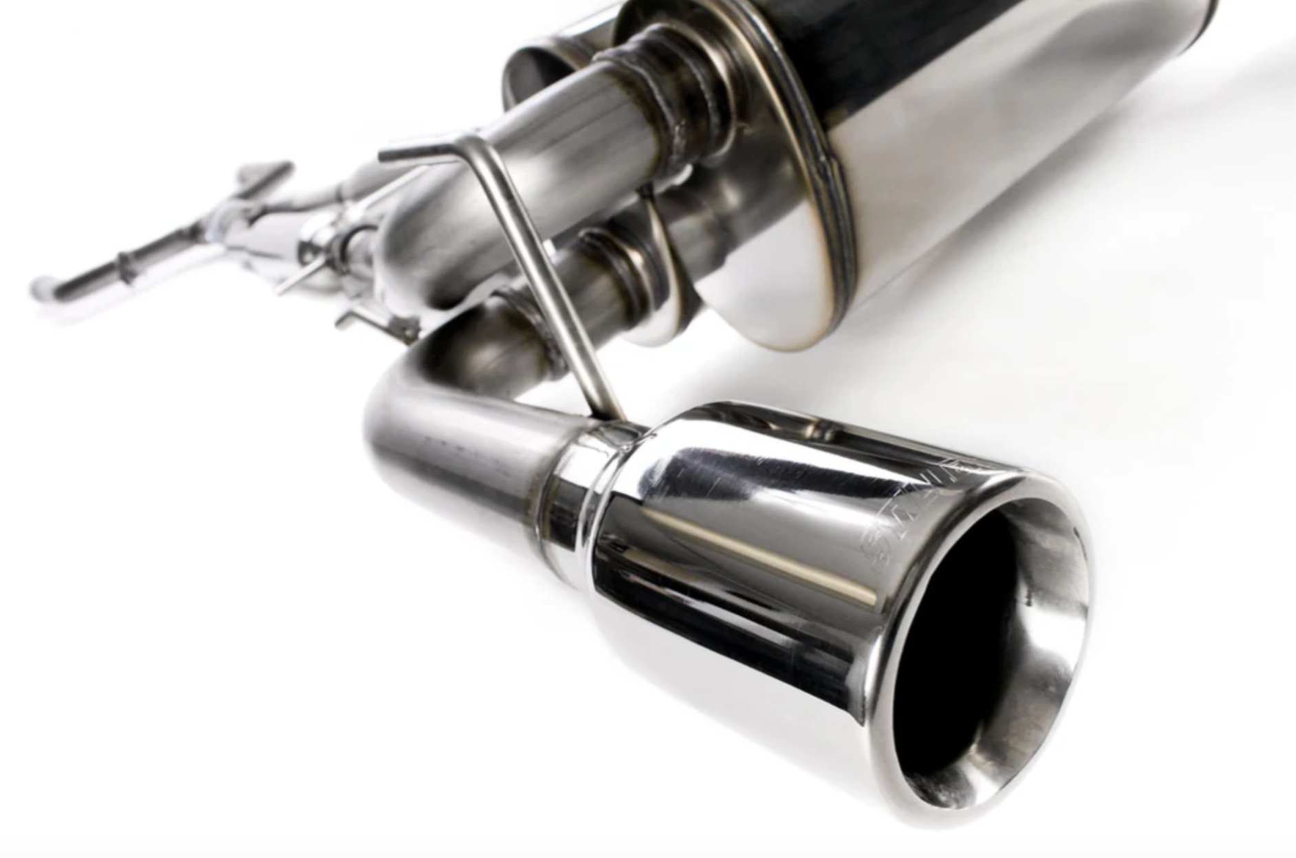 A close up view of Stillen Stainless Steel Cat-Back Exhaust System for Infiniti G37 Coupe / Q60 2008-2016 with white background