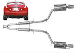A top wide view of Stillen Stainless Steel Near Cat-Back Exhaust System for Infiniti M45 2006-2010 with white background with the back view of a small red car at the top left corner