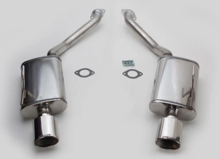 A top view of Stillen Rear Section Cat-Back Exhaust System for Nissan Maxima 2009-2015 with all its parts with white background