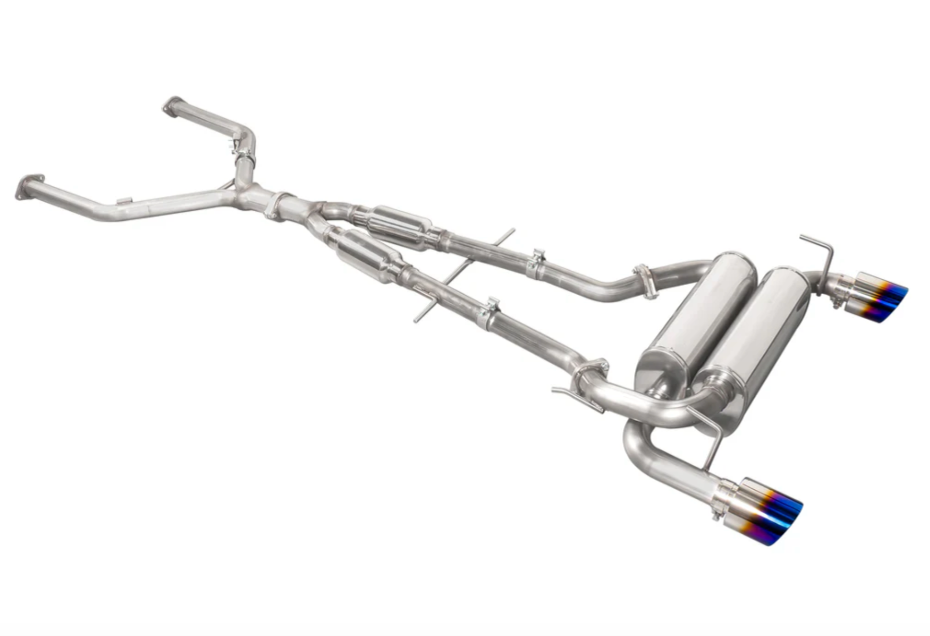 A top wide view of Stillen Cat-Back Exhaust System for Nissan 370Z 2009-2020 with burnt tips with white background