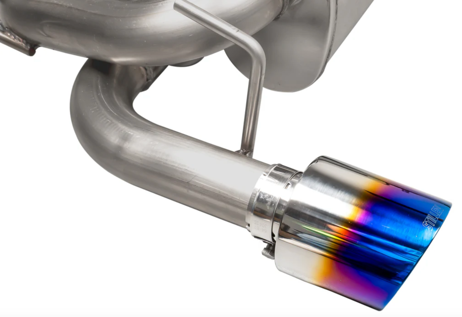 A close up view of the burnt tips for the Stillen Cat-Back Exhaust System for Nissan 370Z 2009-2020 with white background