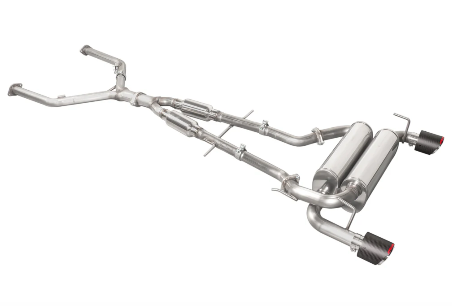 A top wide view of Stillen Cat-Back Exhaust System for Nissan 370Z 2009-2020 with carbon fiber tips with white background