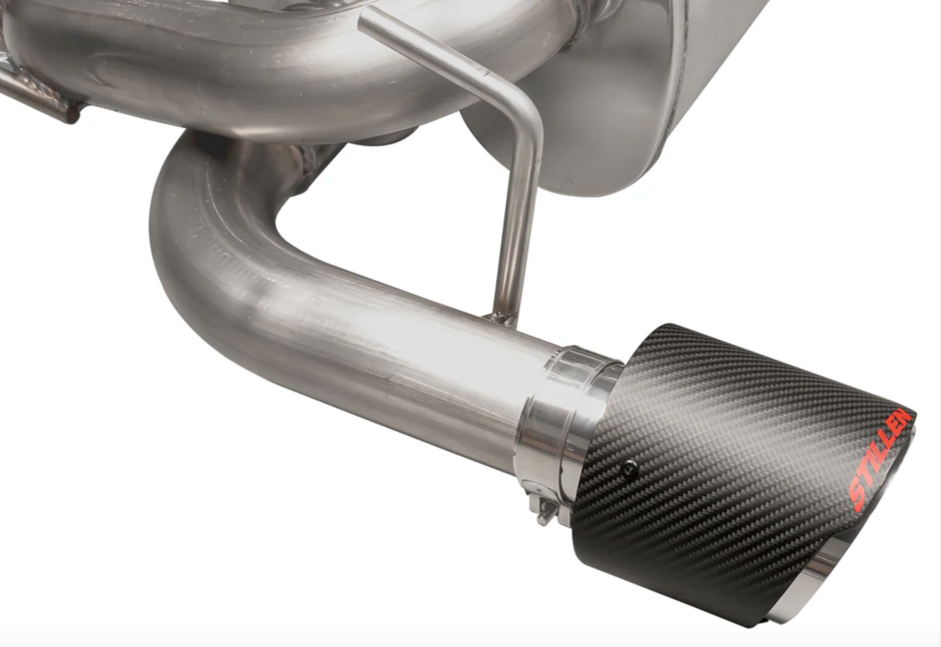 A close up view of the carbon fiber tips for the Stillen Cat-Back Exhaust System for Nissan 370Z 2009-2020 with white background