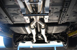 A wide view of a lifted car from underneath fitted with Stillen Cat-Back Exhaust System for Hyundai Genesis Coupe [BK38] 2010-2016