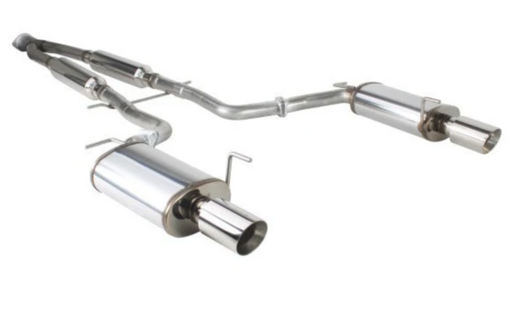 A front wide view of Stillen Stainless Steel Near Cat-Back Exhaust System for Infiniti M37 / Q70 2011-2018 with white background
