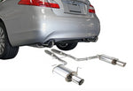 A view of the back of a grey car on the top of the image and a wide view of the Stillen Stainless Steel Near Cat-Back Exhaust System for Infiniti M56 / Q70 (5.6L) 2011-2018 on the bottom of the image with a white background