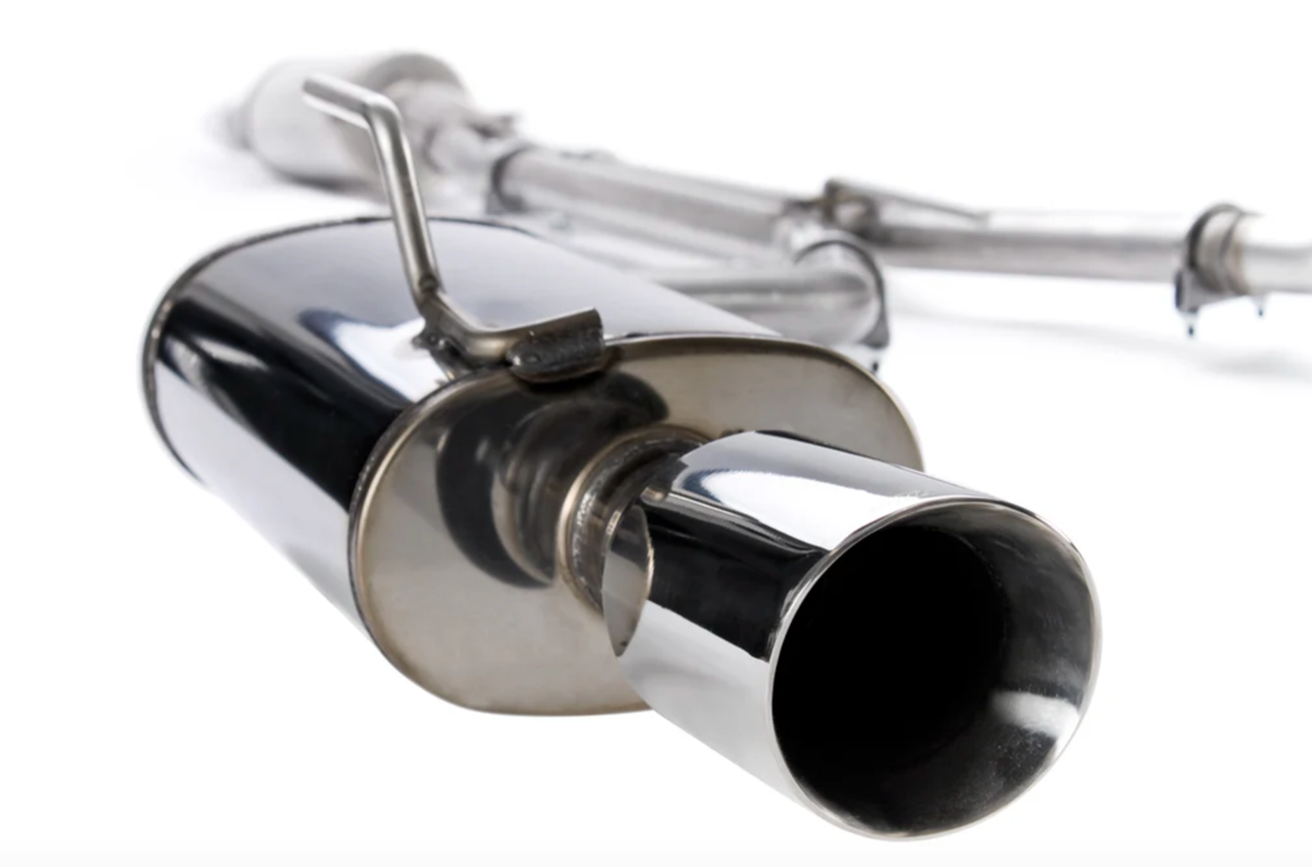 A close up view of a muffler of the Stillen Stainless Steel Cat-Back Exhaust System for Nissan Altima 3.5 Sedan 2013-2015 with white background