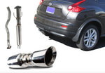 A front view of parts of Stillen Stainless Steel Cat-Back Exhaust System for Nissan Juke AWD 2011-2017 and the back of a blue car with white background
