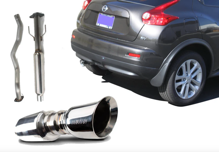 A front view of parts of Stillen Stainless Steel Cat-Back Exhaust System for Nissan Juke AWD 2011-2017 and the back of a blue car with white background