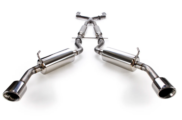 A front wide view of Stillen Stainless Steel Cat-Back Exhaust System for Infiniti Q50 3.7L 2014-2015 with white background