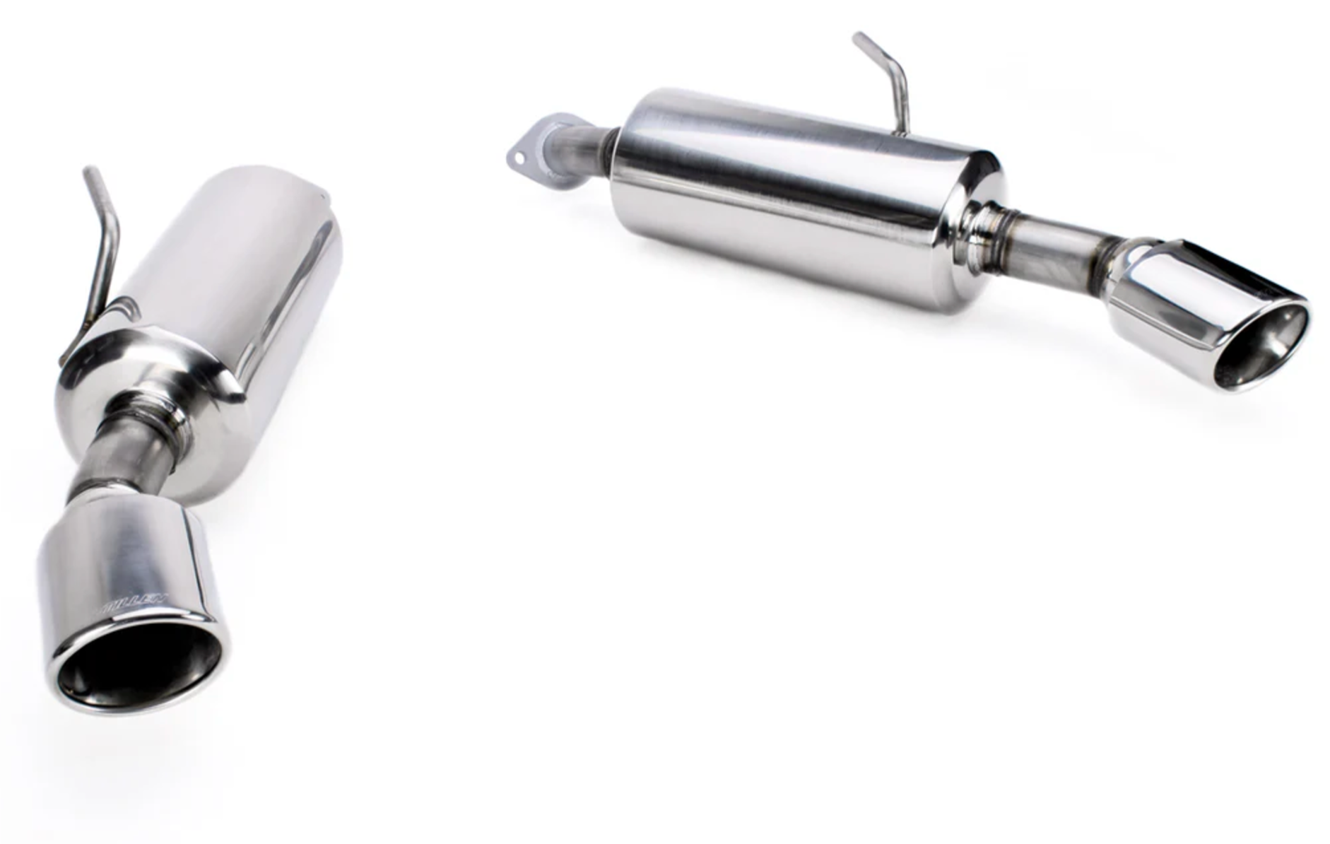 A close up view of both of the exhaust tips of Stillen Stainless Steel Cat-Back Exhaust System for Infiniti Q50 3.7L 2014-2015 with white background