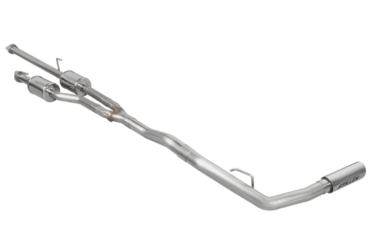 A front view of Stillen Cat-Back Exhaust System for Toyota Tundra 2014-2021 with polished tips on a white background