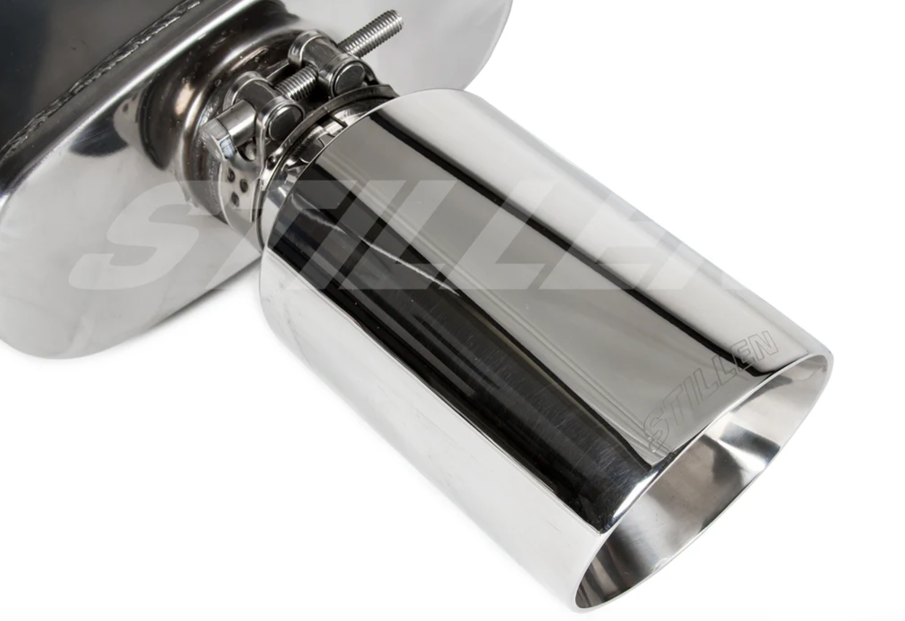 A close up view of one of the tips Stillen Stainless Steel Axle-Back Exhaust System for Nissan Altima 3.5 & 2.5 Sedan 2016-2018 with white background