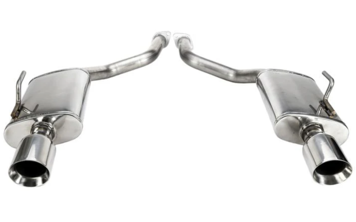 A front close up wide view of the dual mufflers of Stillen Cat-Back Exhaust System for Nissan Maxima 3.5L 2016-2018 with white background