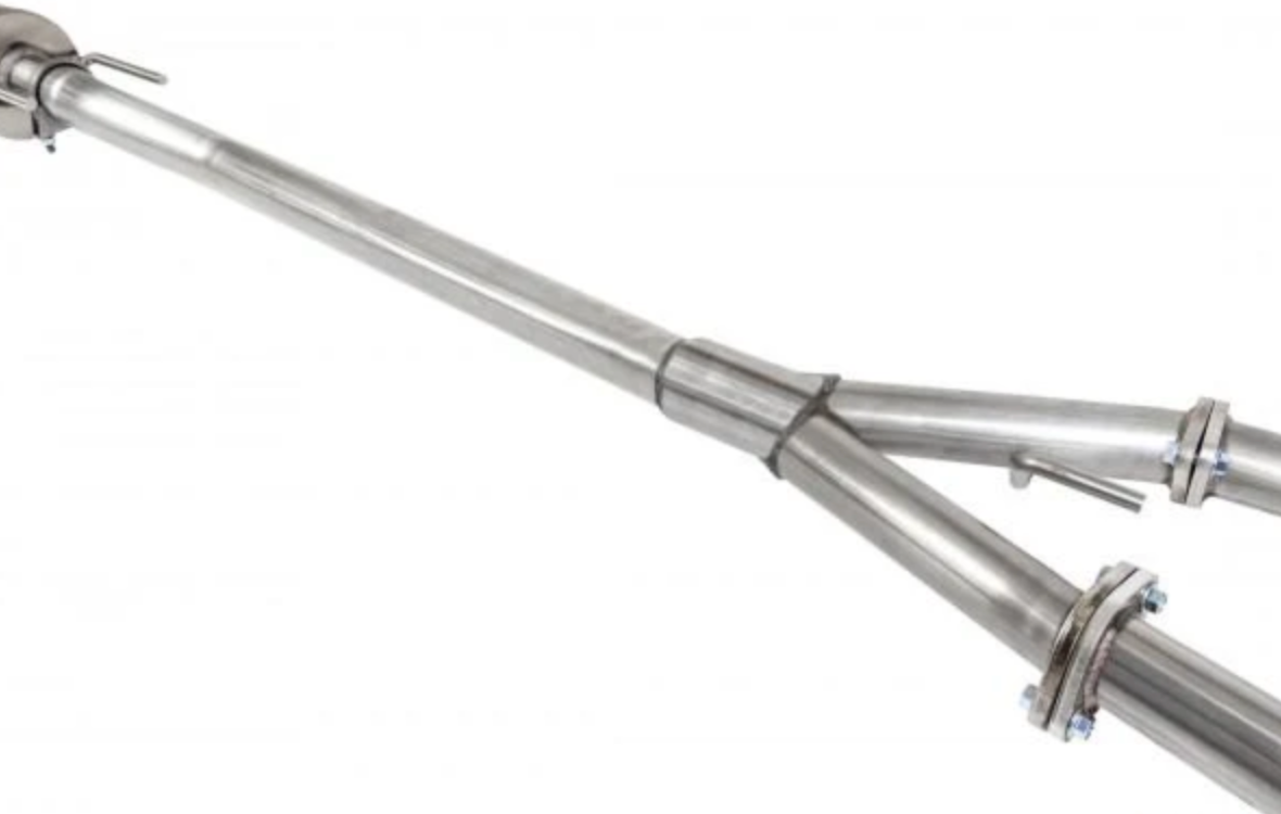 A close up view of the Y Pipe of Stillen Cat-Back Exhaust System for Nissan Maxima 3.5L 2016-2018 with white background