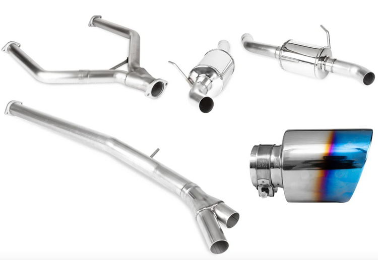 A front view of Stillen Cat-Back Exhaust System w/ Burnt Tips for Infiniti Q50 [3.0t] 2016-2024 with all its parts on a white background
