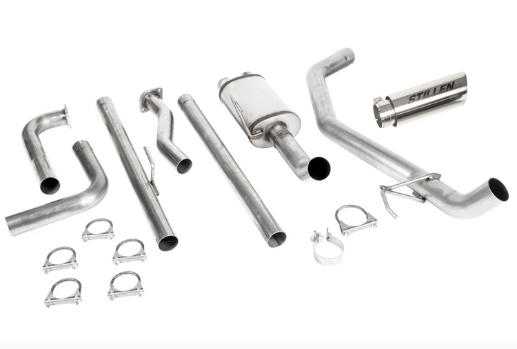 A top view of Stillen Cat-Back Exhaust System w/ Polished Tip for Nissan Titan [5.6L] (NON-XD) 2WD/4WD 2016-2024 with white background
