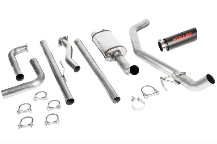 A top view of Stillen Cat-Back Exhaust System w/ Black Tip for Nissan Titan [5.6L] (NON-XD) 2WD/4WD 2016-2024 with white background