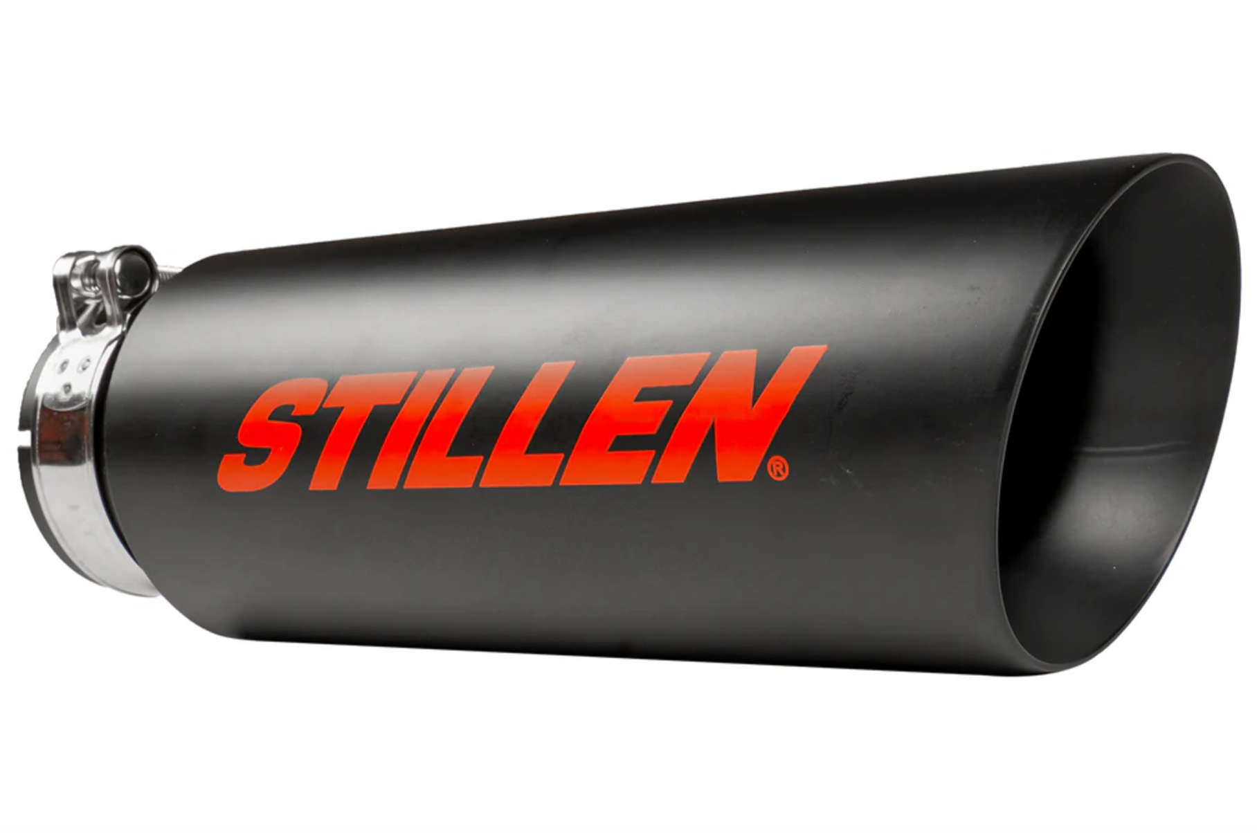 A close up view of the black tip of the Stillen Cat-Back Exhaust System w/ Black Tip for Nissan Titan [5.6L] (NON-XD) 2WD/4WD 2016-2024 with the Stillen logo on it in red on a white background