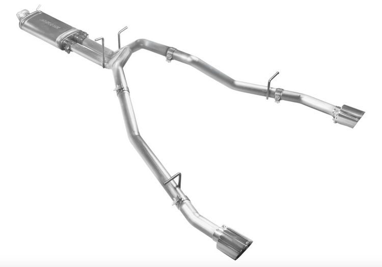A front view of Stillen Cat-Back Exhaust System for RAM 1500 5.7L Hemi 2011-2024 with polished tips on a white background