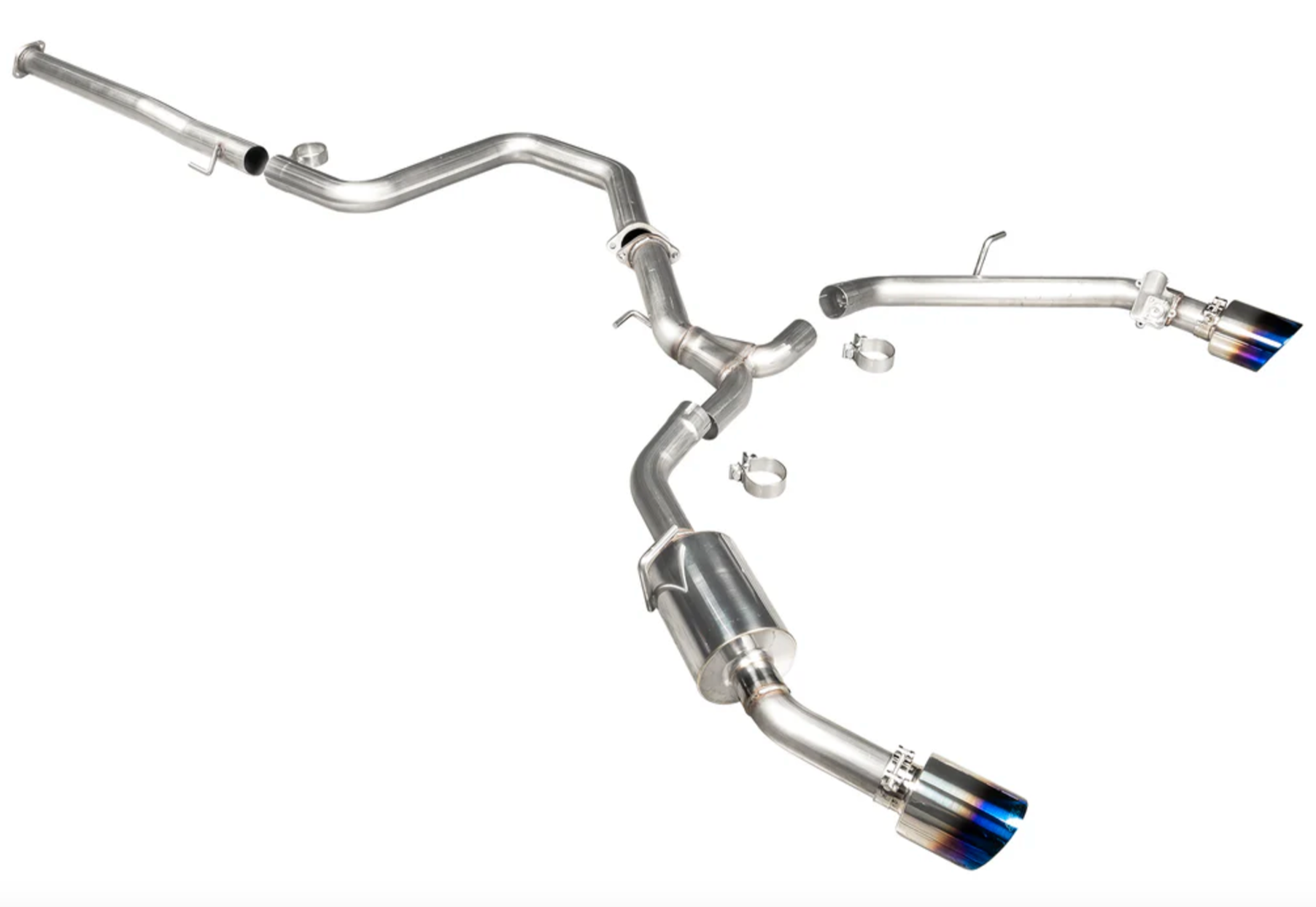 A top wide view of Stillen Cat-Back Exhaust System for Hyundai Elantra N 2022+ with burnt blue tips on a white background