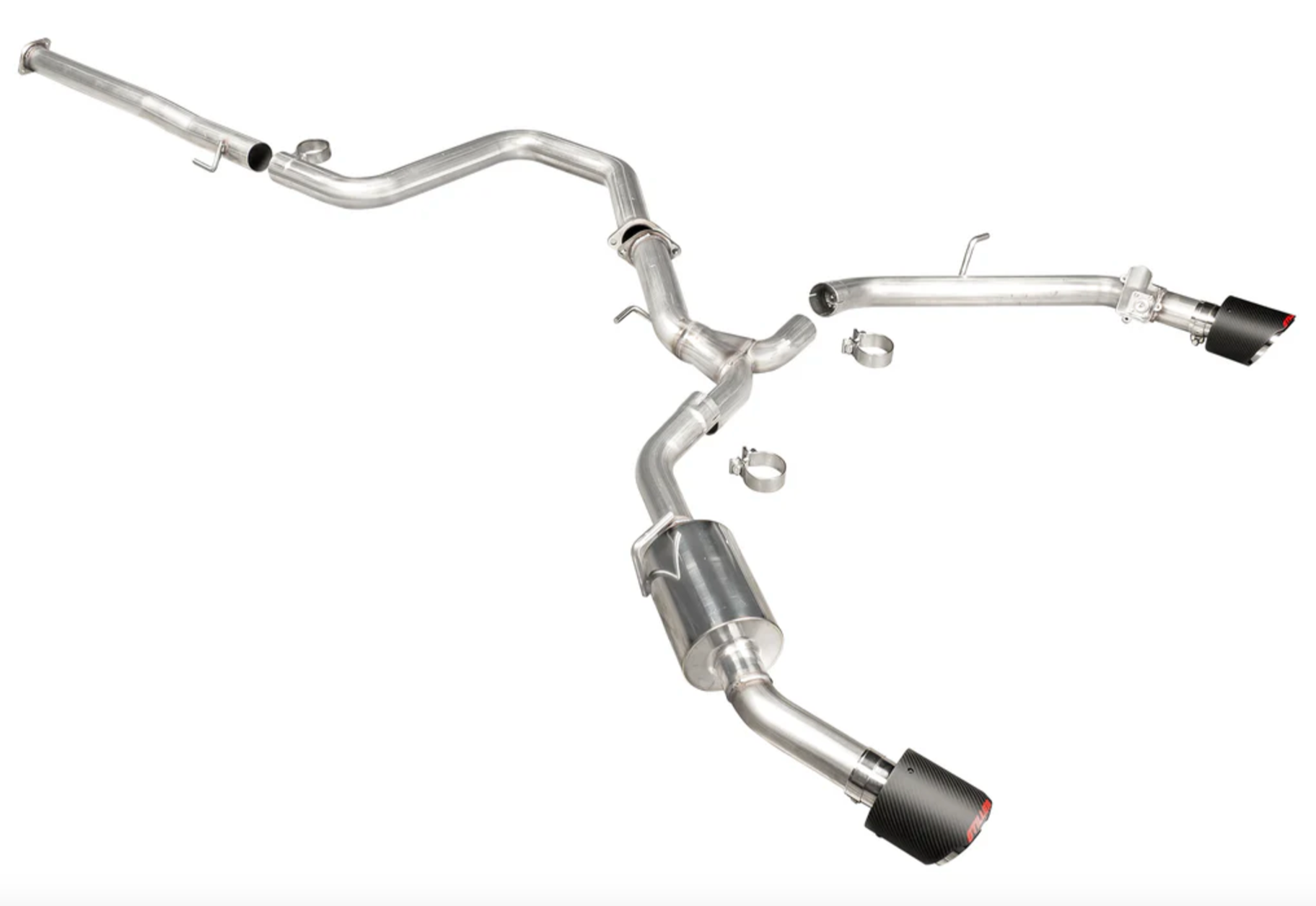 A top wide view of Stillen Cat-Back Exhaust System for Hyundai Elantra N 2022+ with carbon fiber tips on a white background