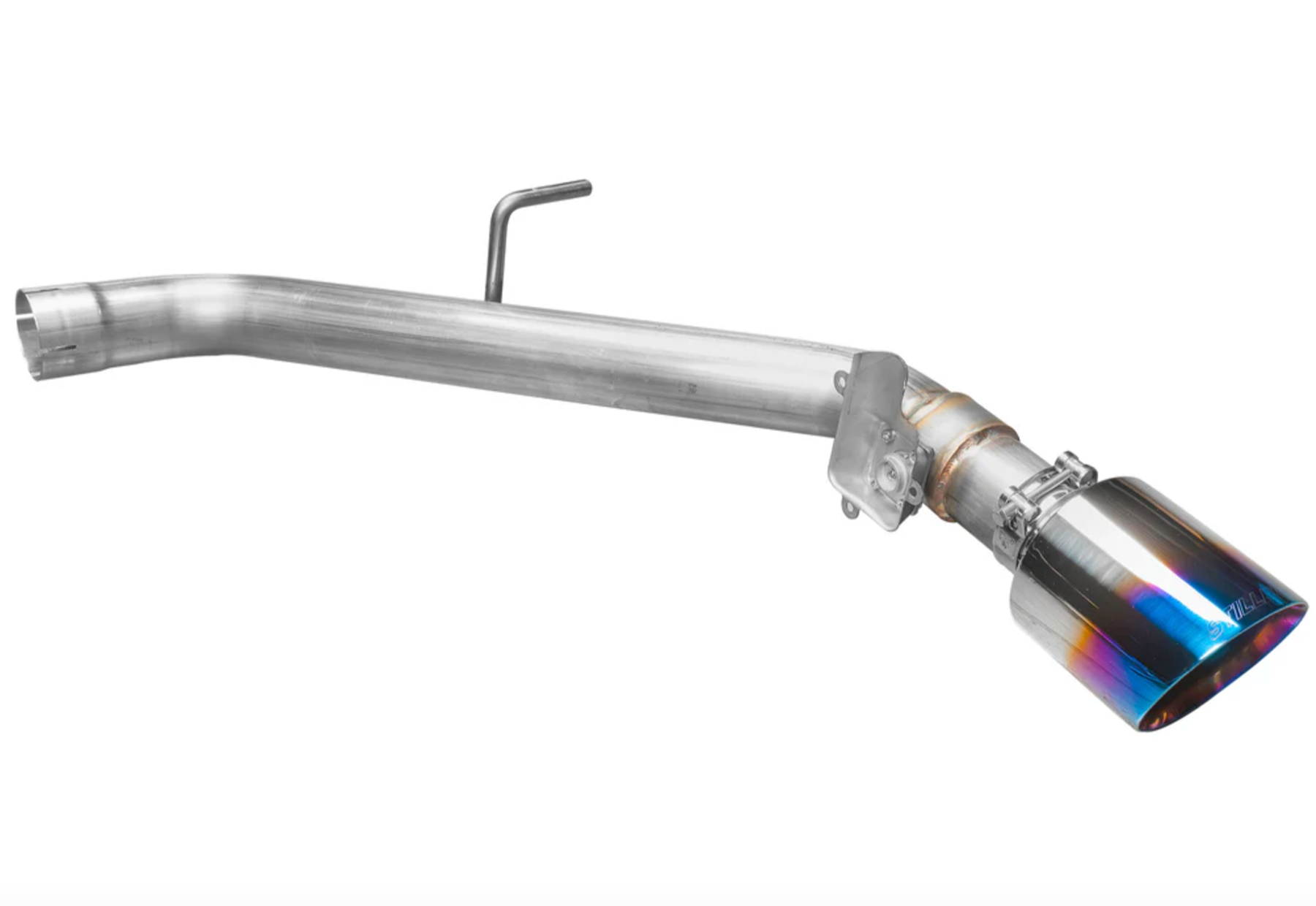 A close up view of Stillen Cat-Back Exhaust System for Hyundai Elantra N 2022+ with one of the burnt blue tips on a white background