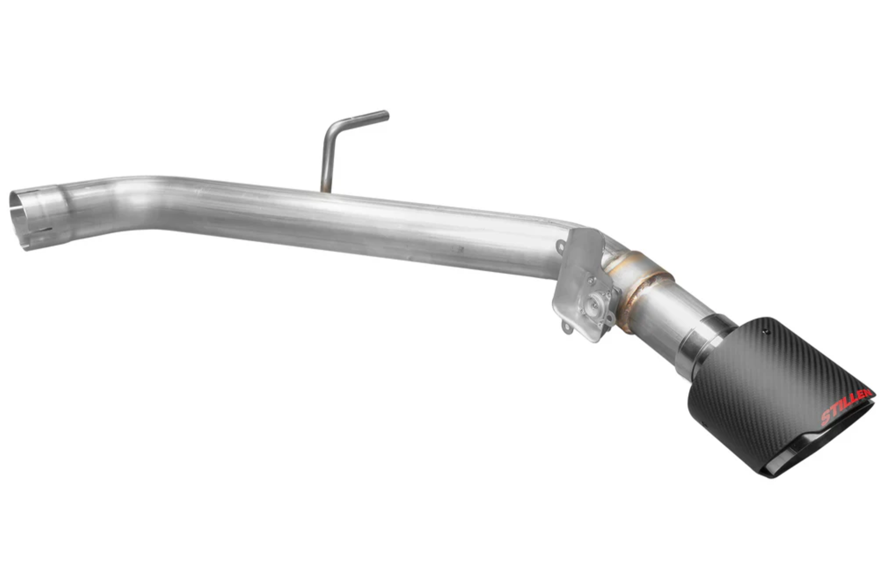 A close up view of Stillen Cat-Back Exhaust System for Hyundai Elantra N 2022+ with one of the carbon fiber tips on a white background