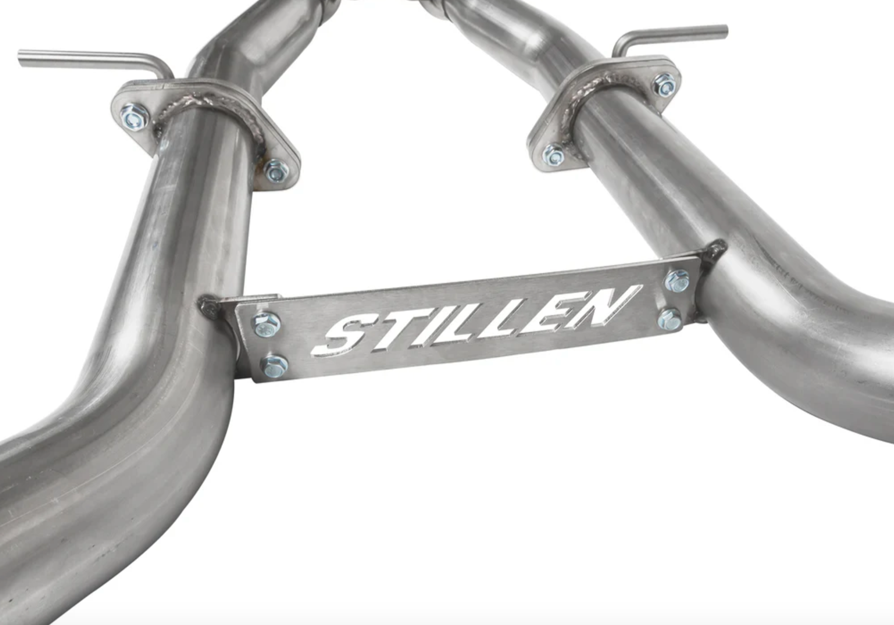 A close up view of the pipes and stillen logo on a metal bar of the Stillen Cat-Back Exhaust System for Kia Stinger GT [3.3L Twin Turbo] 2018-2023 with white background