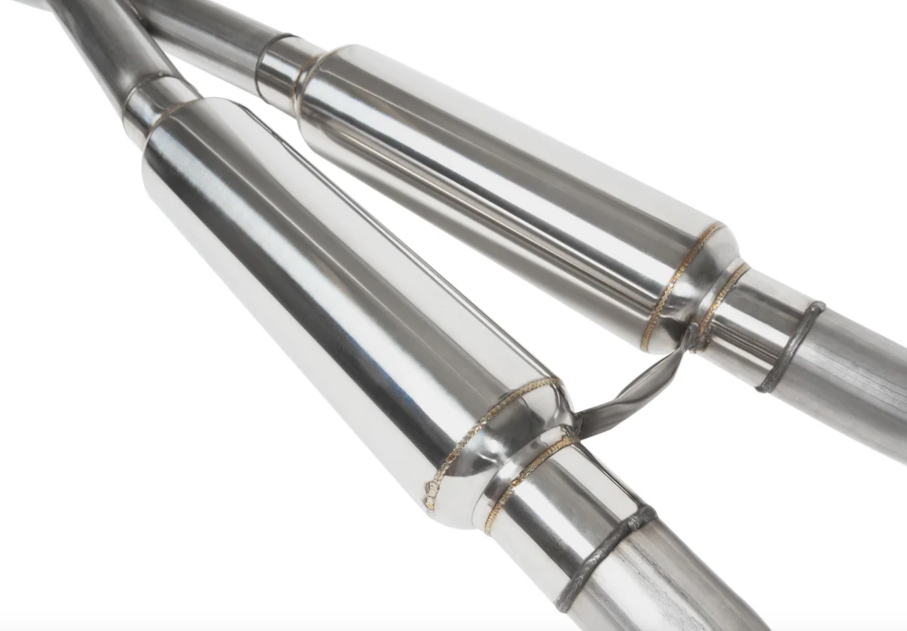 A close up view of the pipes of the Stillen Cat-Back Exhaust System for Kia Stinger GT [3.3L Twin Turbo] 2018-2023 with white background